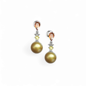 18K White Gold, Pearl,  Lemon Quartz, Tourmaline & Diamond Earrings